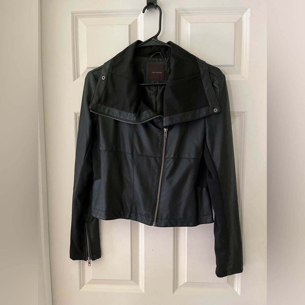 The Limited black faux leather cropped moto jacket, funnel neck, cruelty free S